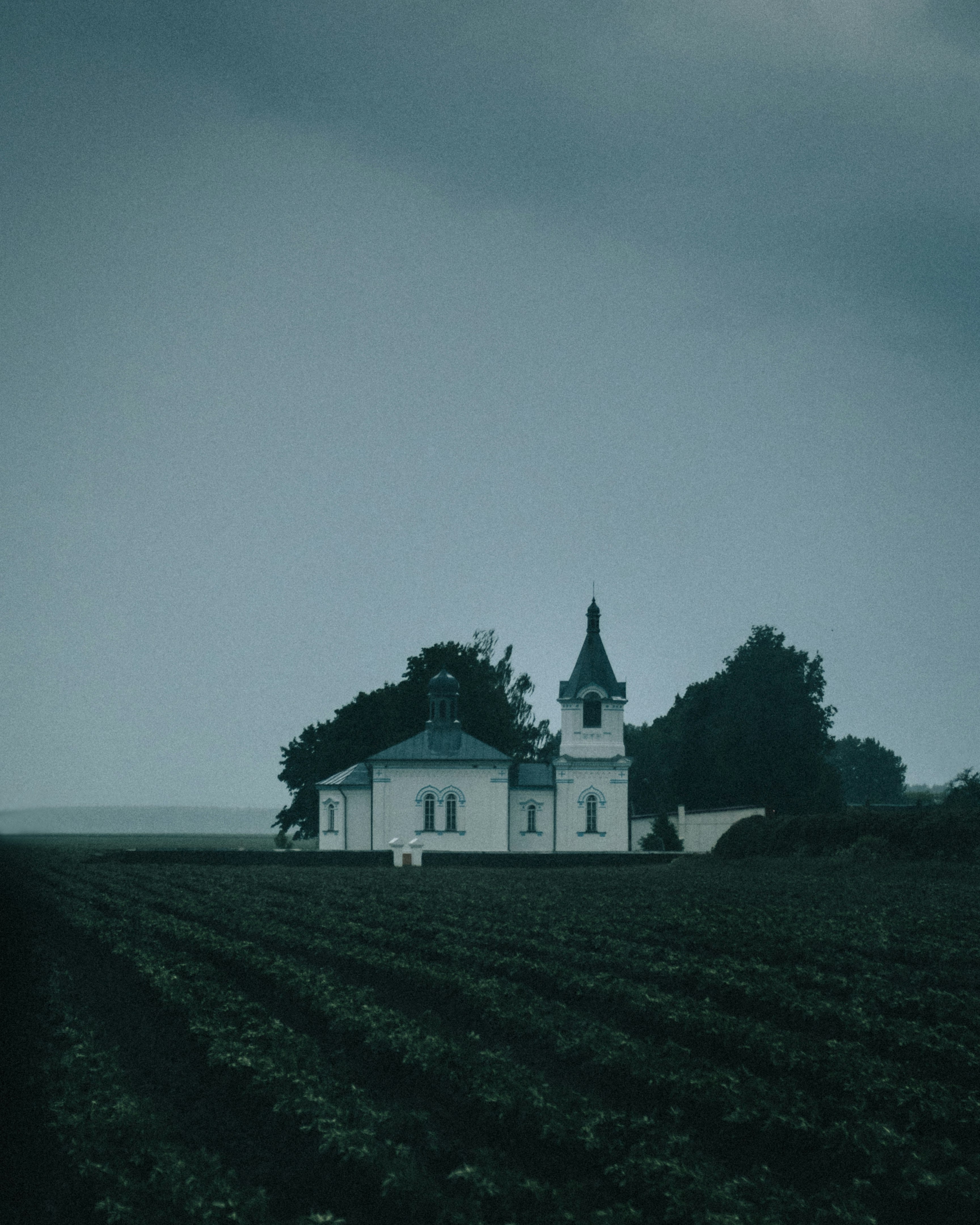 white and black house on green grass field under gray sky